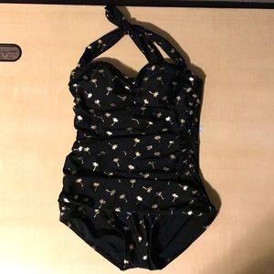 ModCloth Esther Williams Retro One piece Black and Gold Palm Tree Swimsuit